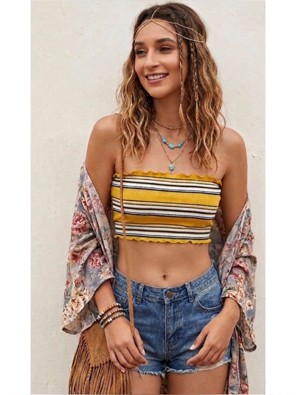 Ambiance 90s Y2K Retro Stripe Tube Top Lettuce Trim